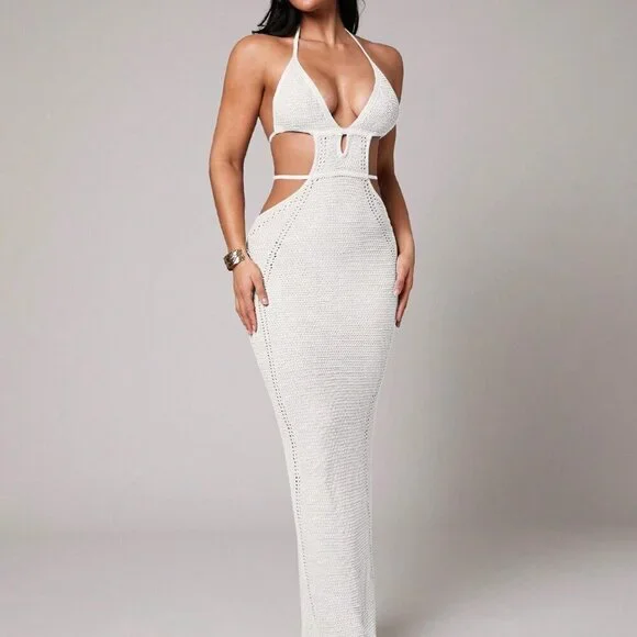 White Boho Crochet Deep V-Neck Hollow Slit Mid-Length Women's Cover Up Dress - Picture 7 of 8